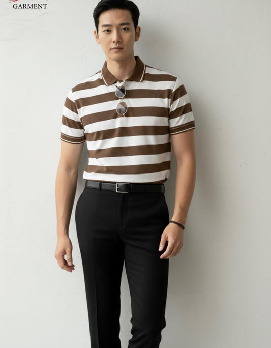 Old money button stripe printed polo
