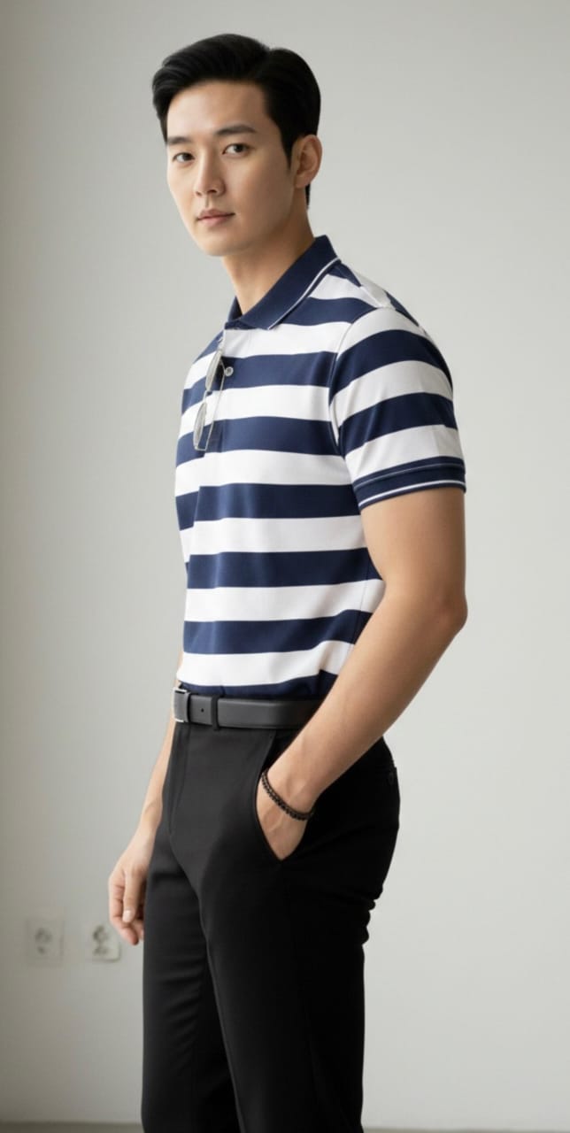 Old money button stripe printed polo
